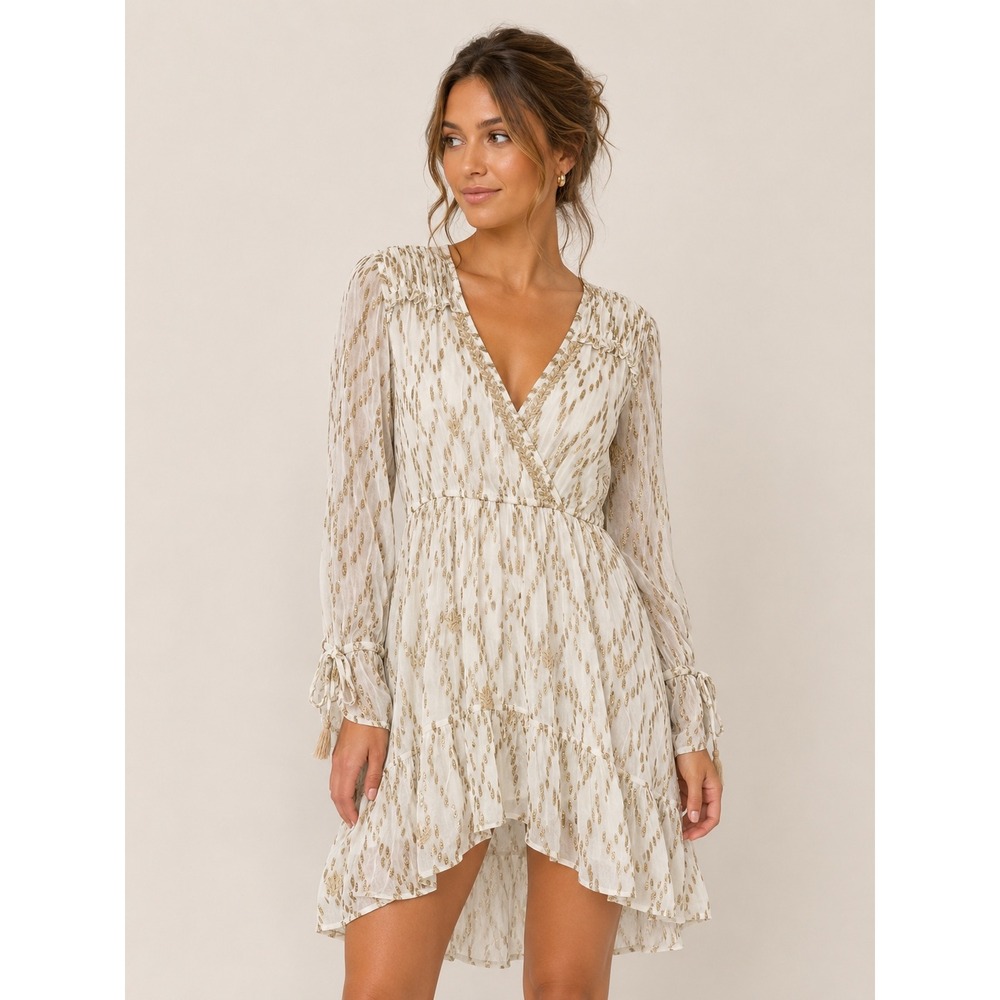 Anthropologie RAGA NWT White Gold Metallic High Low Dress Tassel Sleeve XS boho